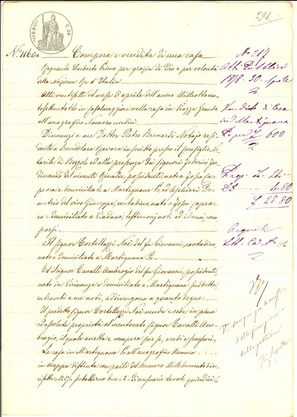 Documento originale, autentico 1878 MARTIGNANA DI PO CR NoÃ¨ CORTELLAZZI vende casa ad Ambrogio CAVALLI 1
