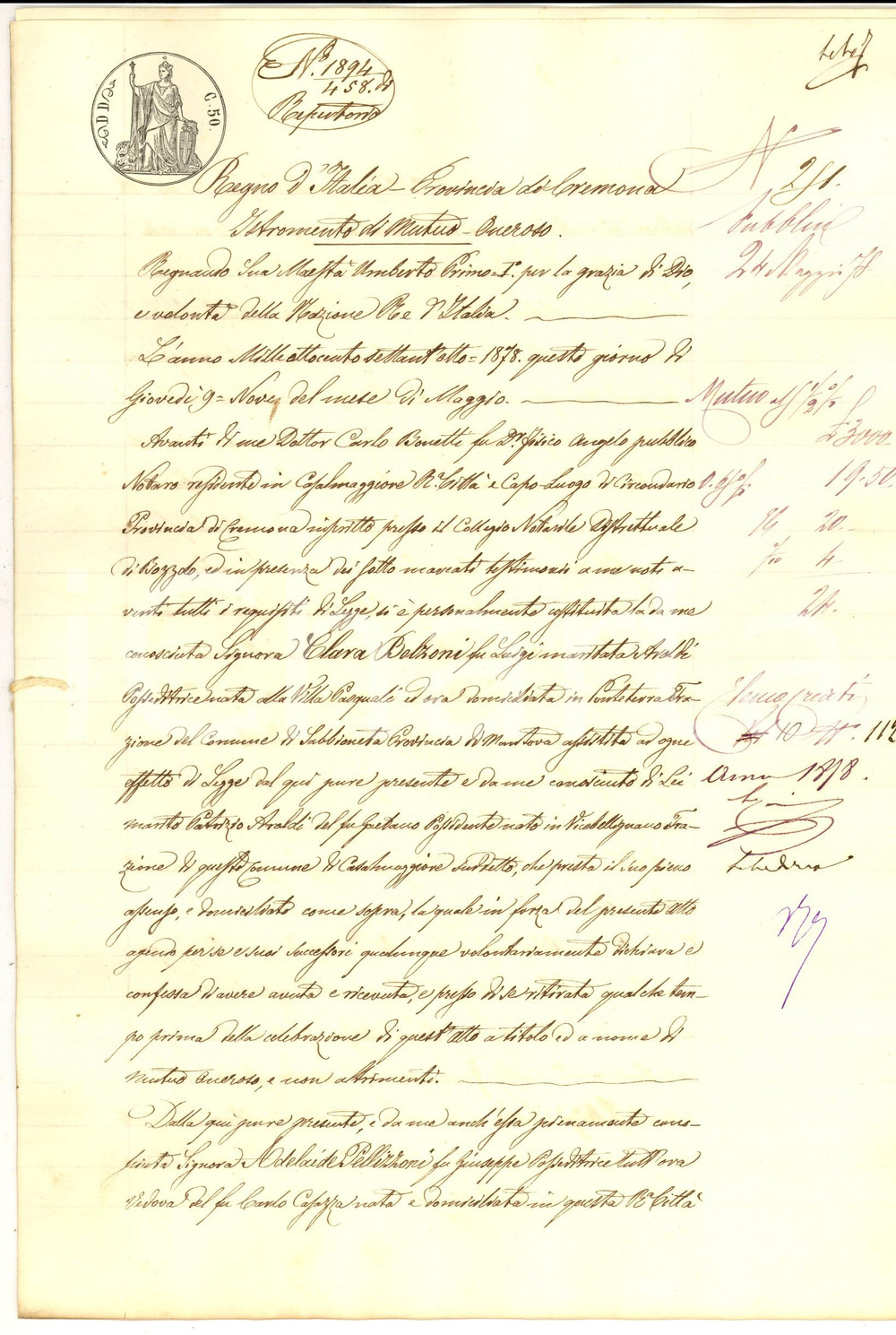 Documento originale, autentico 1878 CASALMAGGIORE Contratto mutuo oneroso Adelaide PELLIZZONI e Clara BOLZONI 1