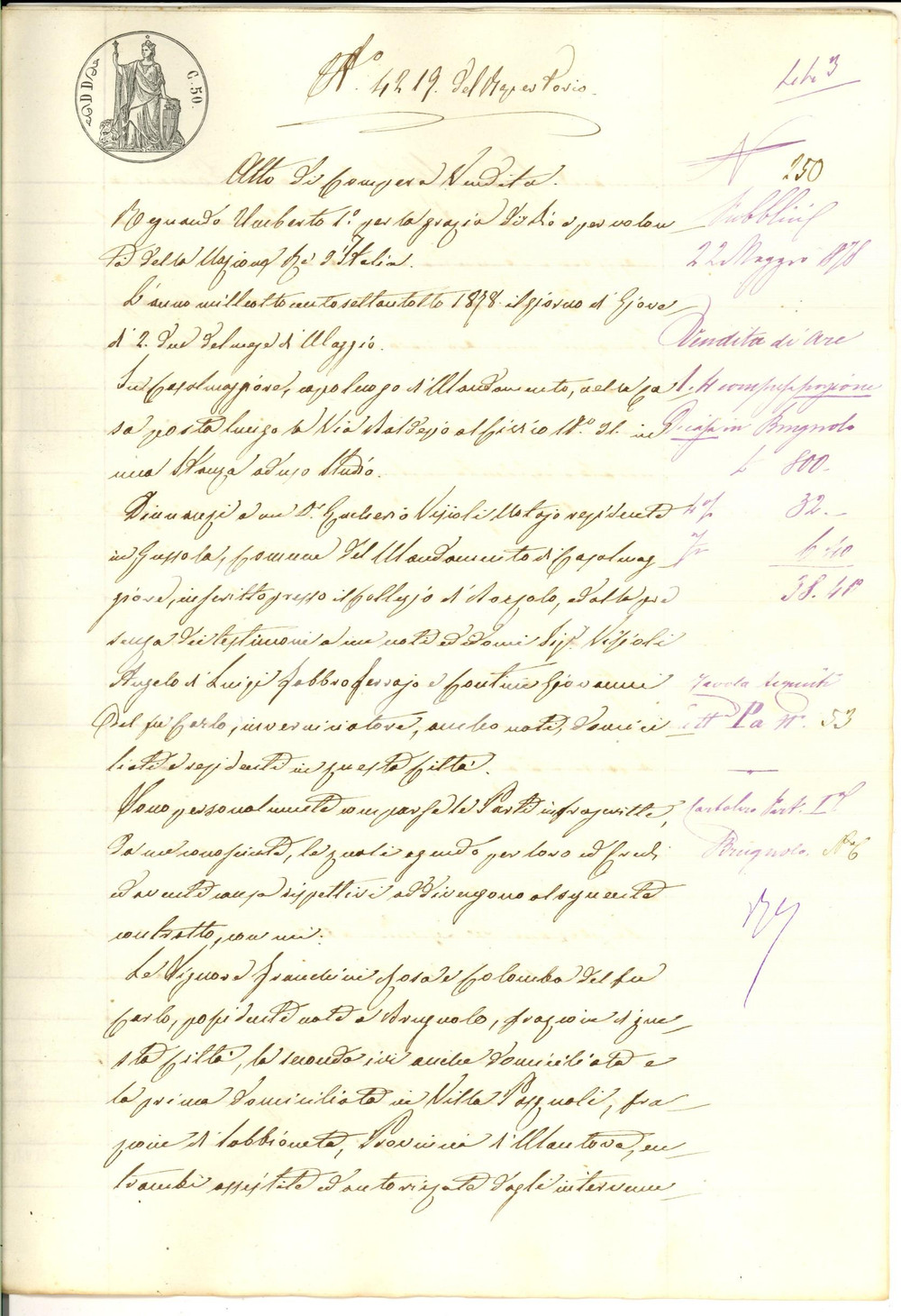 Documento originale, autentico 1878 BRUGNOLO CR Famiglia FRANCHINI vende a Giovanni PASQUALINI porzione casa 1