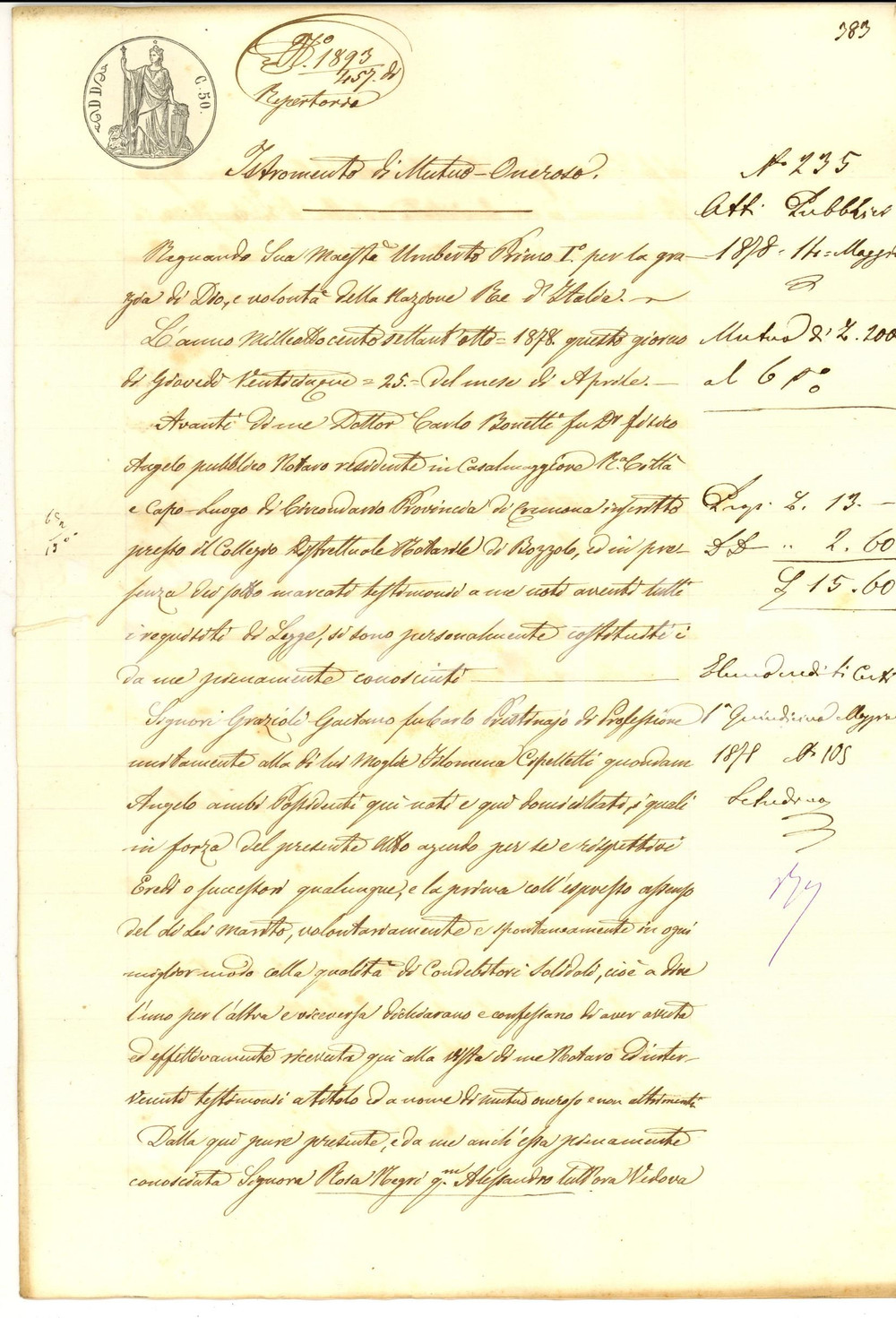 Documento originale, autentico 1878 CASALMAGGIORE Contratto mutuo oneroso tra Rosa NEGRI e Gaetano GRAZIOLI 1