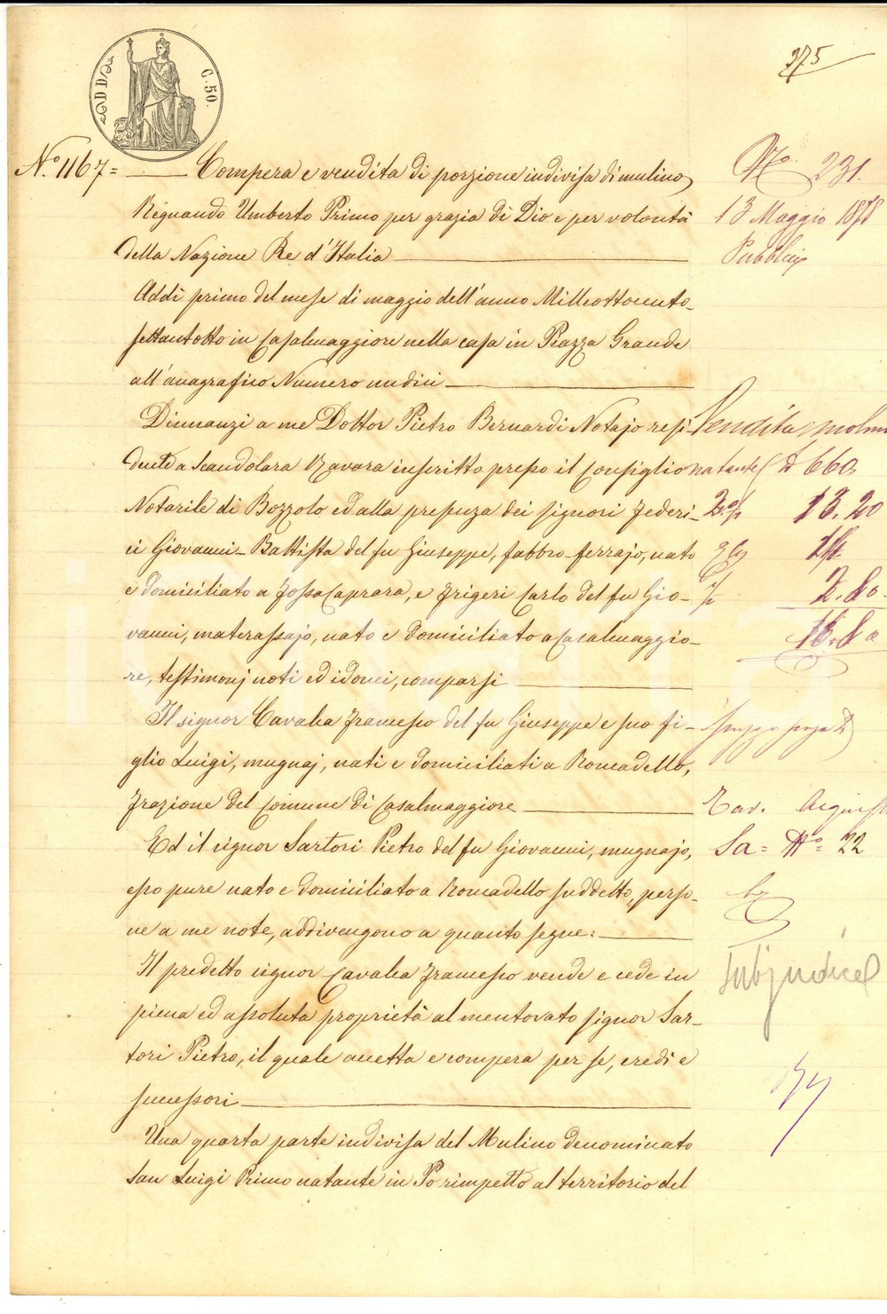 Documento originale, autentico 1878 COLORNO PR Francesco CAVALCA vende porzione mulino SAN LUIGI PRIMO 1