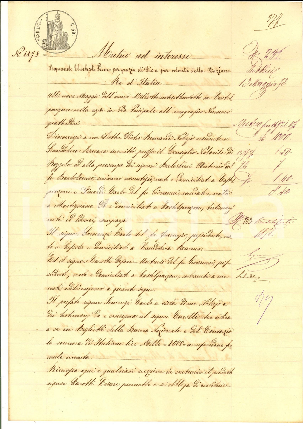 Documento originale, autentico 1878 SCANDOLARA RAVARA Contratto di prestito tra Carlo SOMENZI e Cesare CAROTTI 1