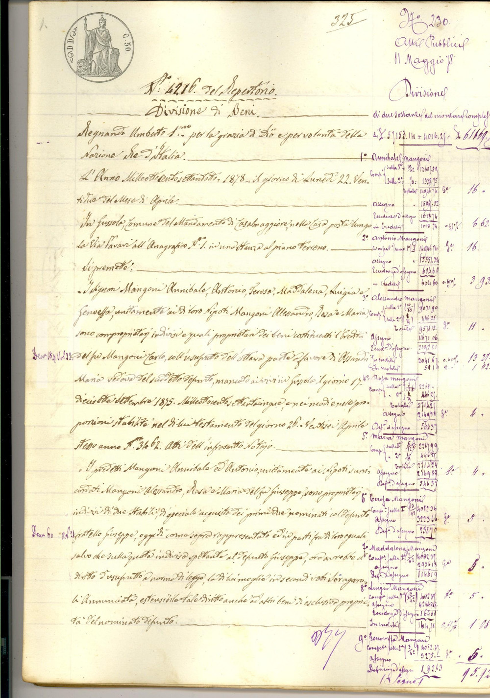 Documento originale, autentico 1878 GUSSOLA CR Divisione dei beni tra gli eredi di Carlo MANGONI 100 pp. 1