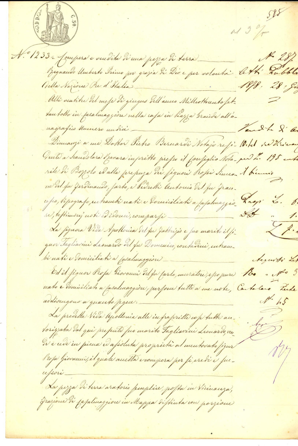 Documento originale, autentico 1878 VICINANZA CR Apollonia VIDA vende terra aratoria a Giovanni ROSA 1