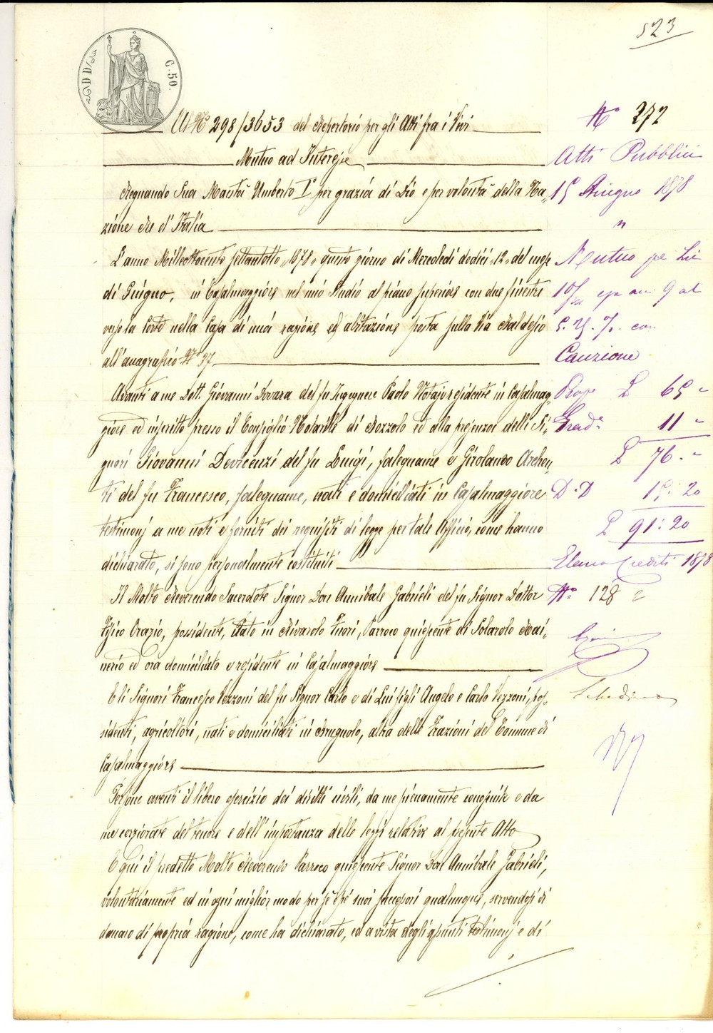 Documento originale, autentico 1878 SOLAROLO RAINERIO CR Prestito don Annibale GABRIELI ai fratelli VEZZONI 1