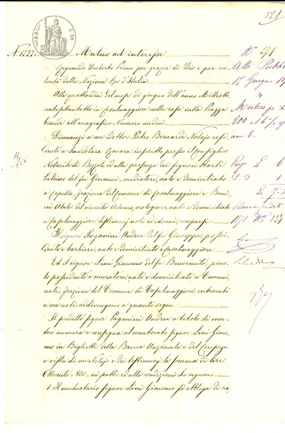 Documento originale, autentico 1878 CASALMAGGIORE CR Prestito di Andrea PAGANINI a Giacomo LINI Manoscritto 1