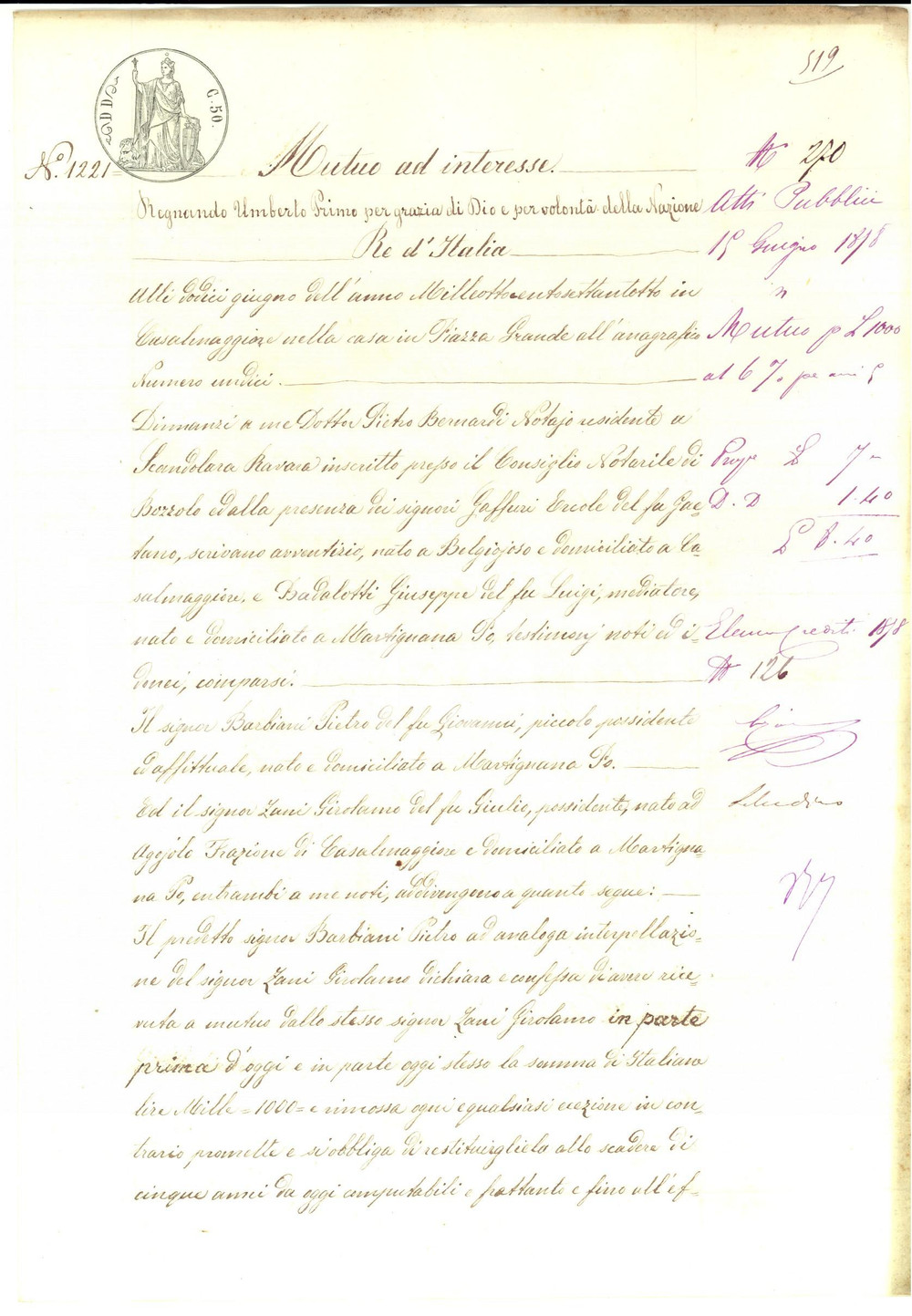 Documento originale, autentico 1878 MARTIGNANA PO CR Prestito di Pietro BARBIANI a Girolamo ZANI 1