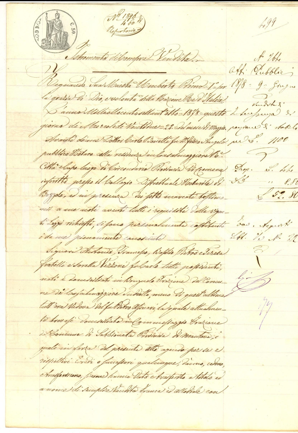 Documento originale, autentico 1878 BRUGNOLO CR Giuseppe VEZZONI acquista il campo RONCO dai fratelli 1