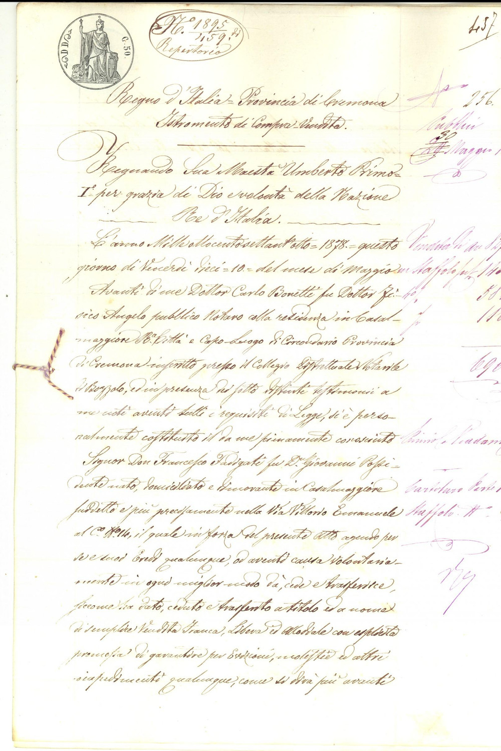 Documento originale, autentico 1878 STAFFOLO CASALMAGGIORE Don Francesco FADIGATI vende fondi ad Andrea ASIOLI 1
