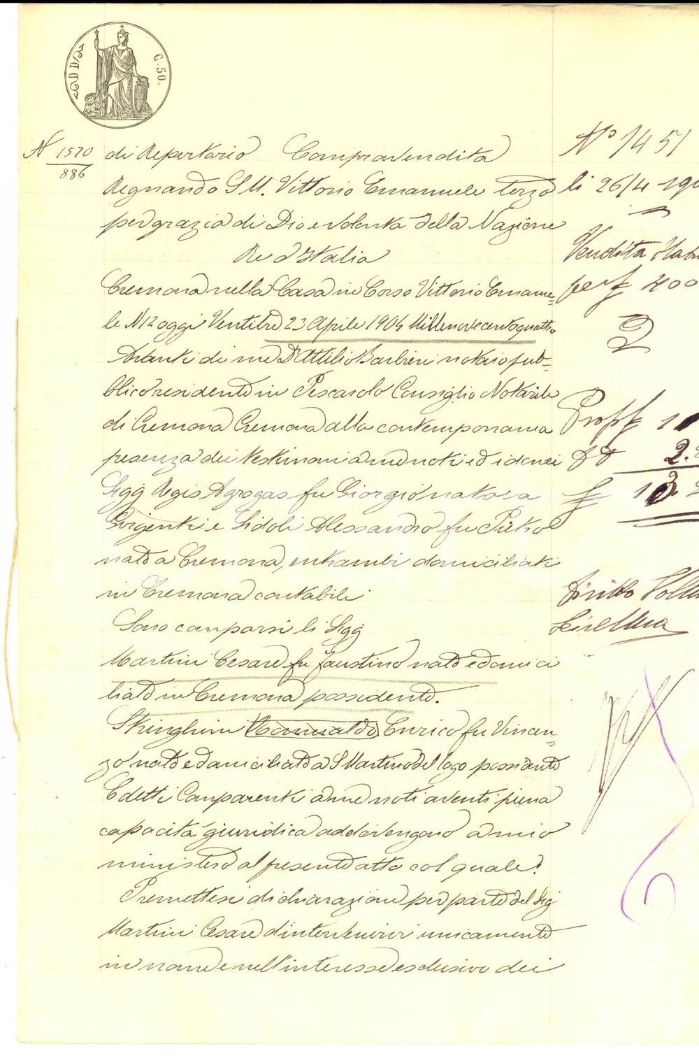 Documento originale, autentico 1904 SAN MARTINO DEL LAGO Conti BIANDRA  DI REAGLIE vendono il campo BREDA 1