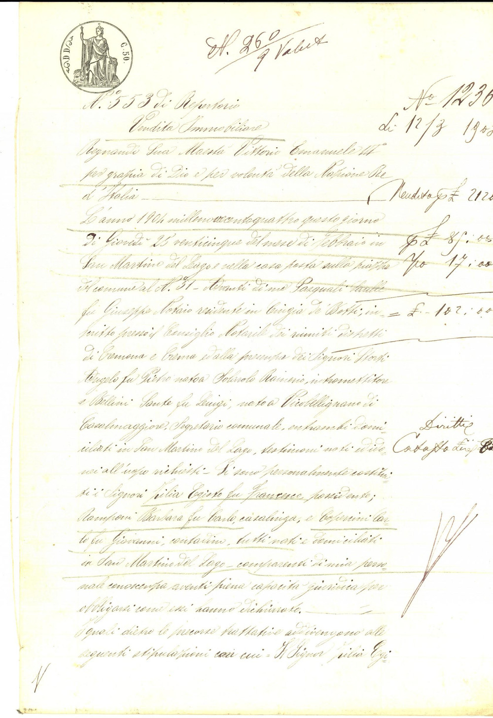 Documento originale, autentico 1904 SAN MARTINO DEL LAGO Egisto ZILIA vende casa con orto a Carlo COPERCINI 1