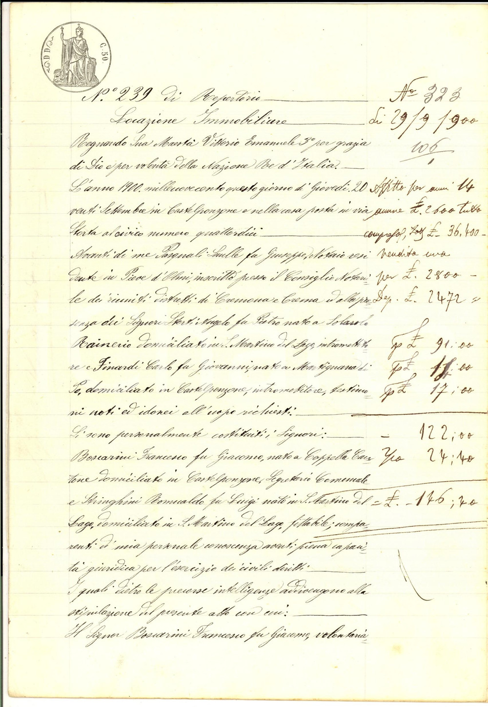 Documento originale, autentico 1900 CARUBERTO CR Francesco BOSCARINI affitta campi a Romualdo STRINGHINI 1