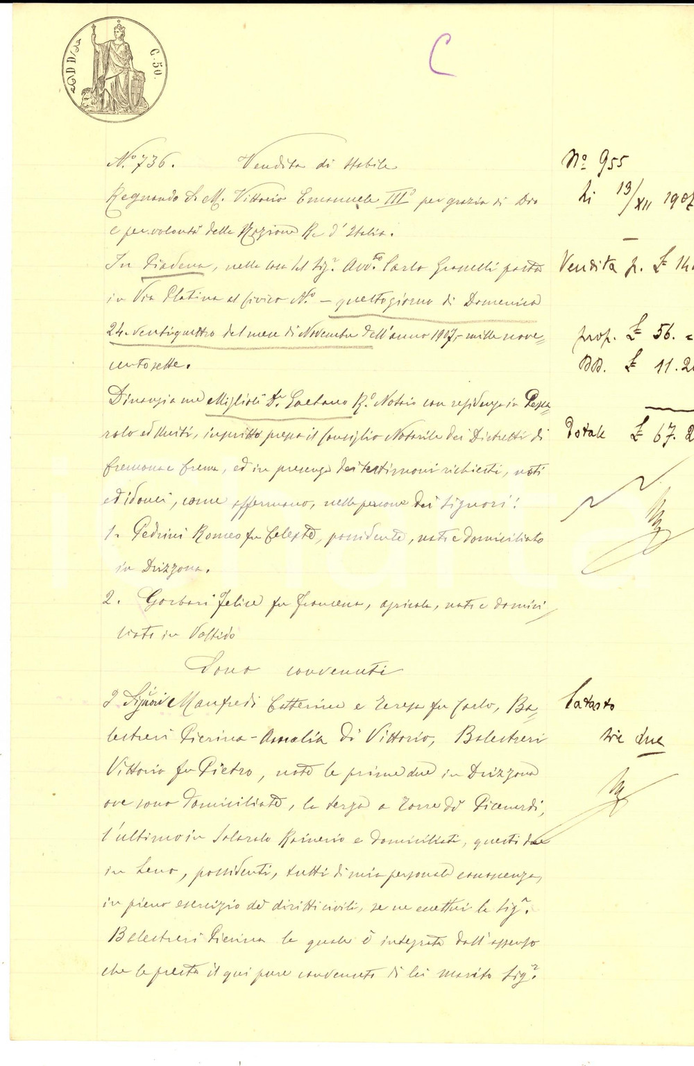 Documento originale, autentico 1907 COLOMBAROLO CR Sorelle MANFREDI vendono campo ZUMAGARO a Barbara AZZONI 1