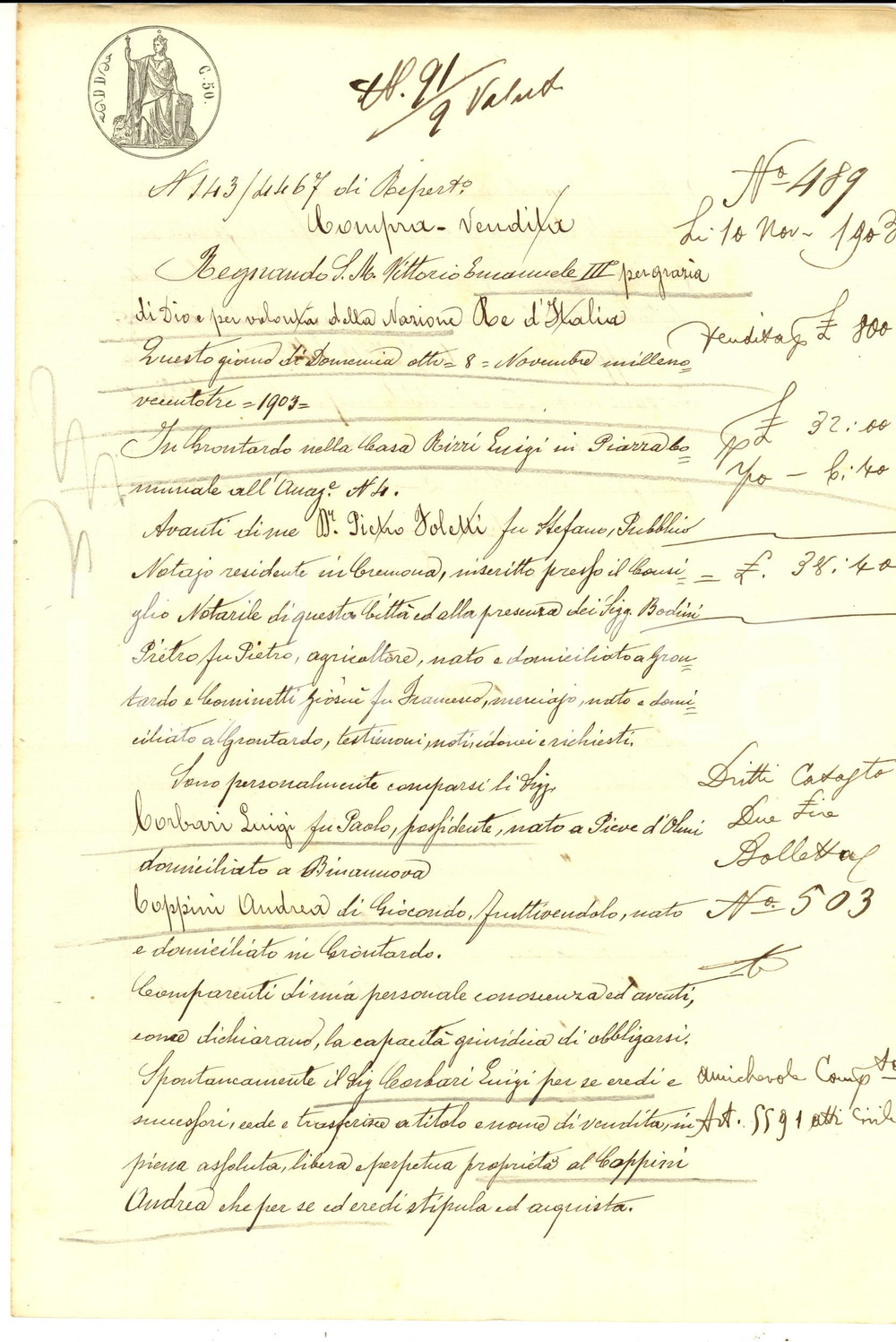 Documento originale, autentico 1903 GRONTARDO CR Luigi CORBARI vende casa con bottega ad Andrea COPPINI 1