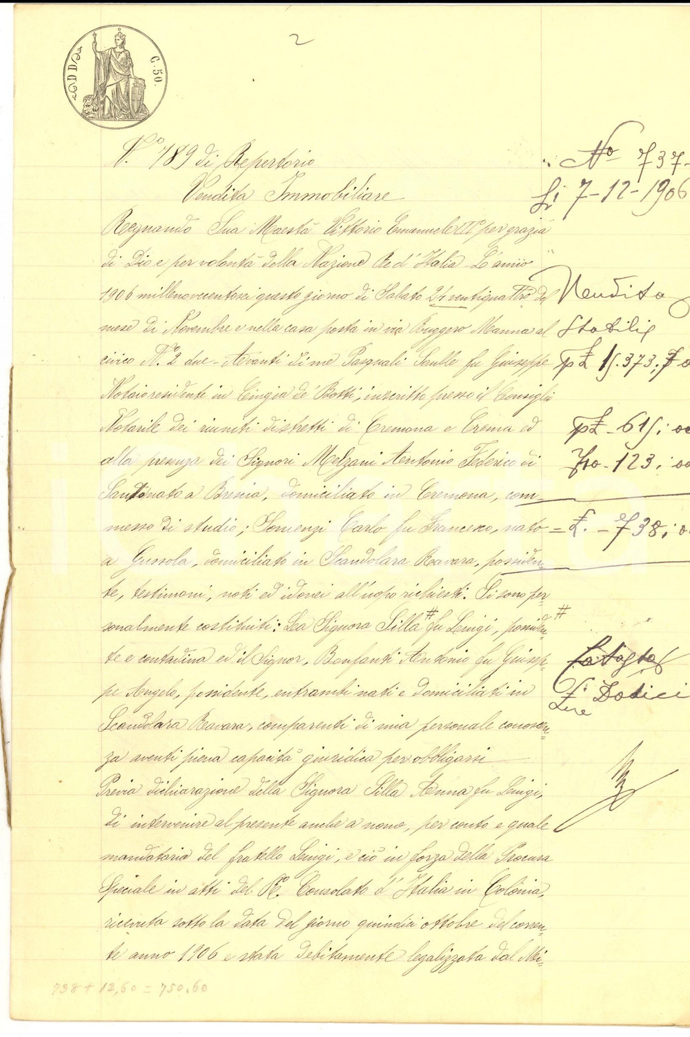 Documento originale, autentico 1906 SCANDOLARA RAVARA Anna SILLA vende campo MALUSA ad Antonio BONFANTI 1