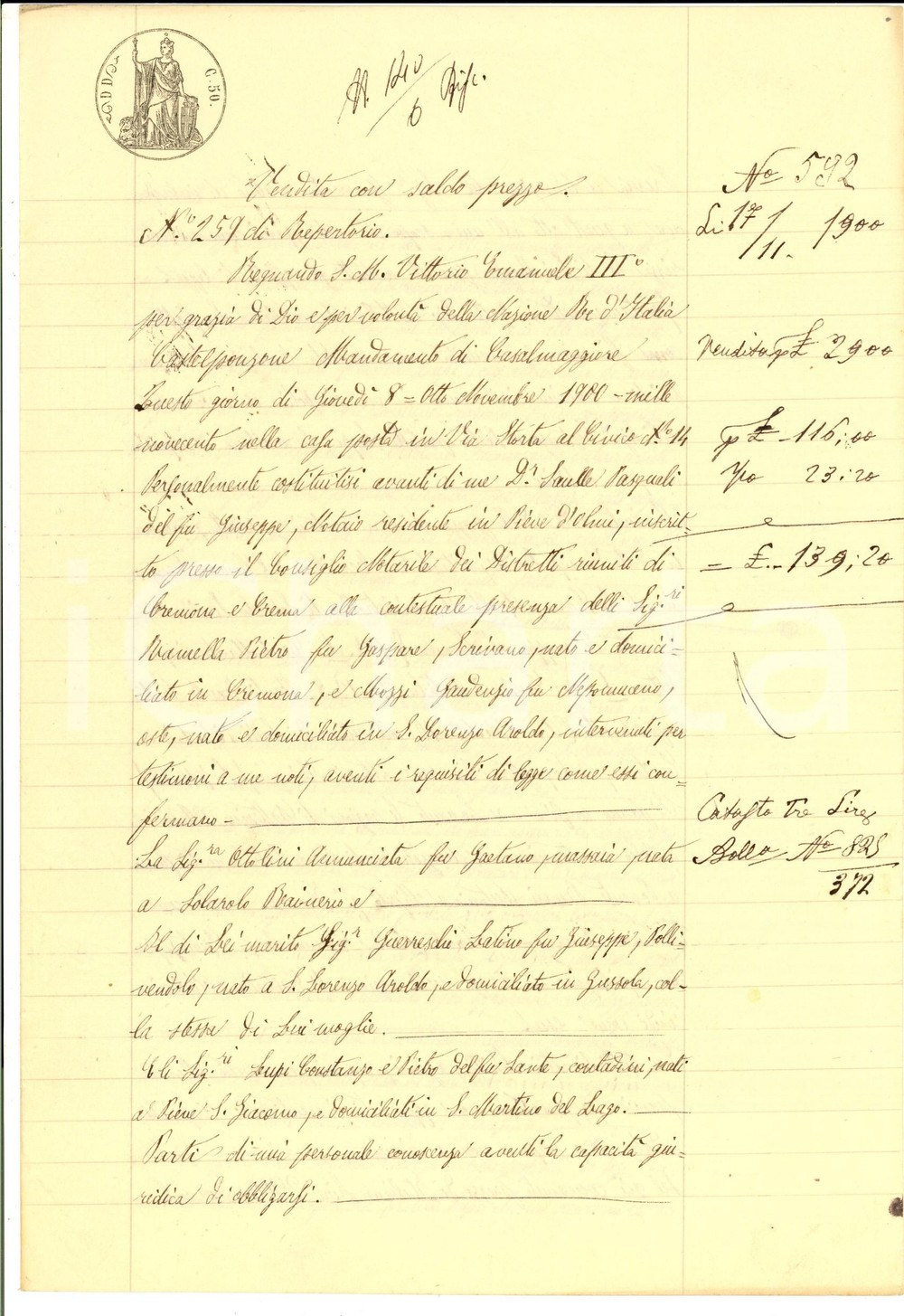 Documento originale, autentico 1900 SAN LORENZO AROLDO CR Annunciata OTTOLINI vende terra ai fratelli LUPI 1