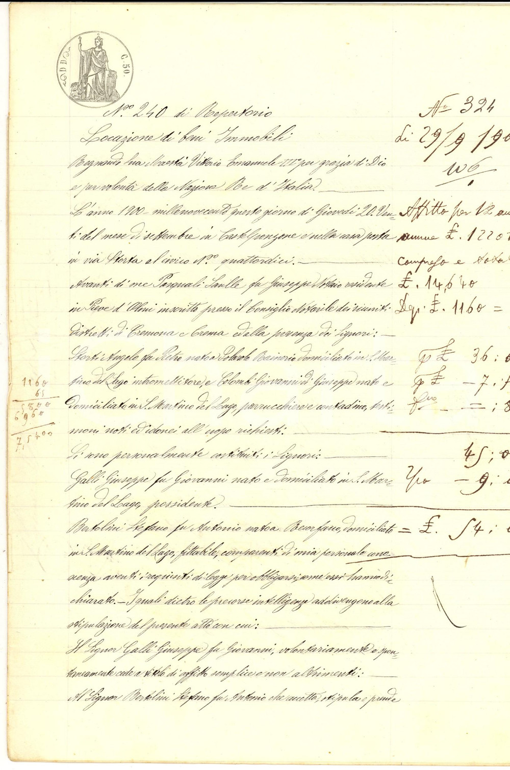 Documento originale, autentico 1900 SAN MARTINO DEL LAGO Giuseppe GALLI affitta cascina a Stefano BERTOLINI 1