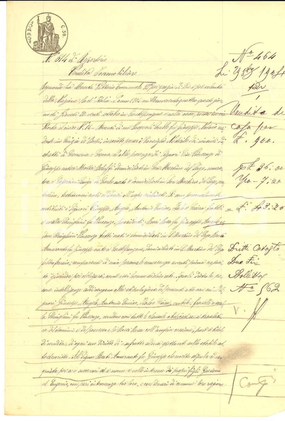 Documento originale, autentico 1904 SAN MARTINO DEL LAGO Fratelli STRINGHINI vendono casa ad Amaranto REATI 1