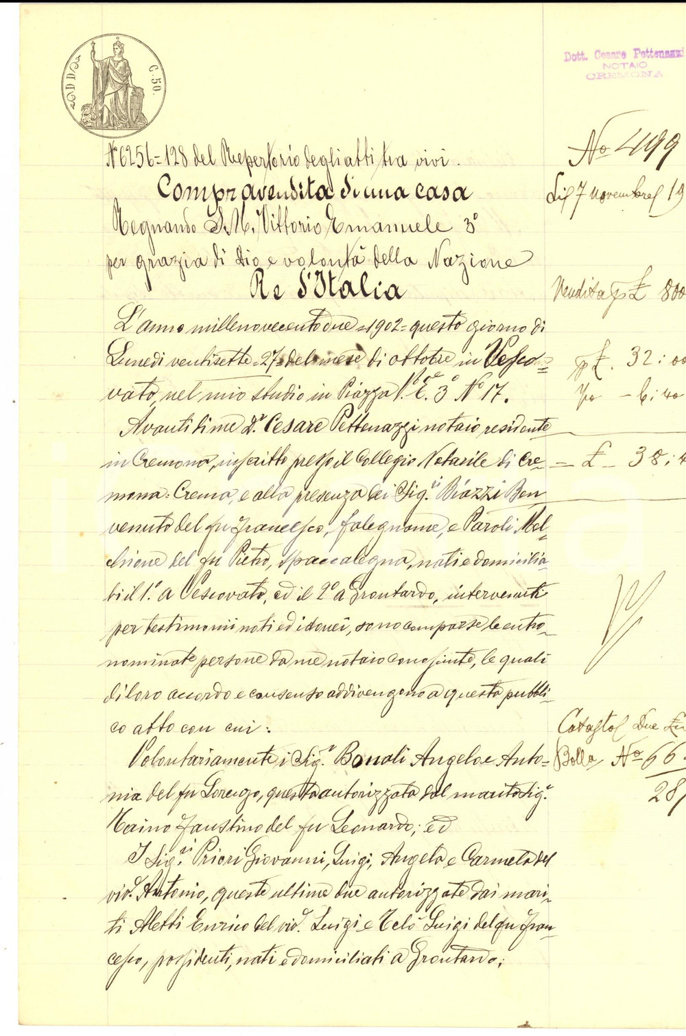 Documento originale, autentico 1902 GRONTARDO CR Angelo BONALI  vende casa al contadino Enrico FERRARI 1