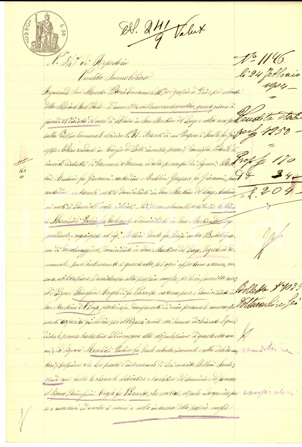 Documento originale, autentico 1904 SAN MARTINO DEL LAGO Paolina MARCHIOLI vende casa ad Angelo STRINGHINI 1