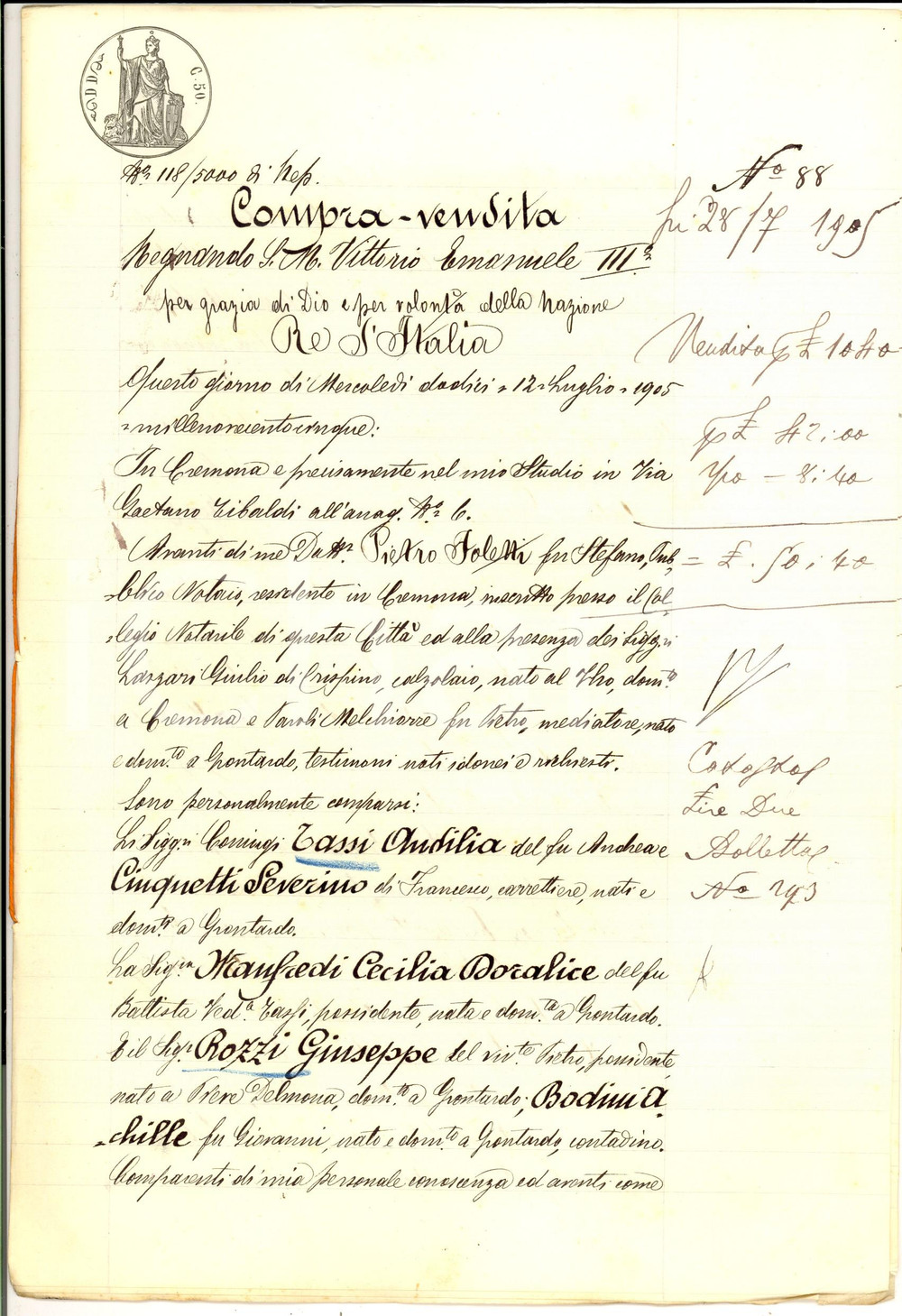 Documento originale, autentico 1905 GRONTARDO CR Sorelle TASSI vendono casa in via PELLICO a Giuseppe ROSSI 1