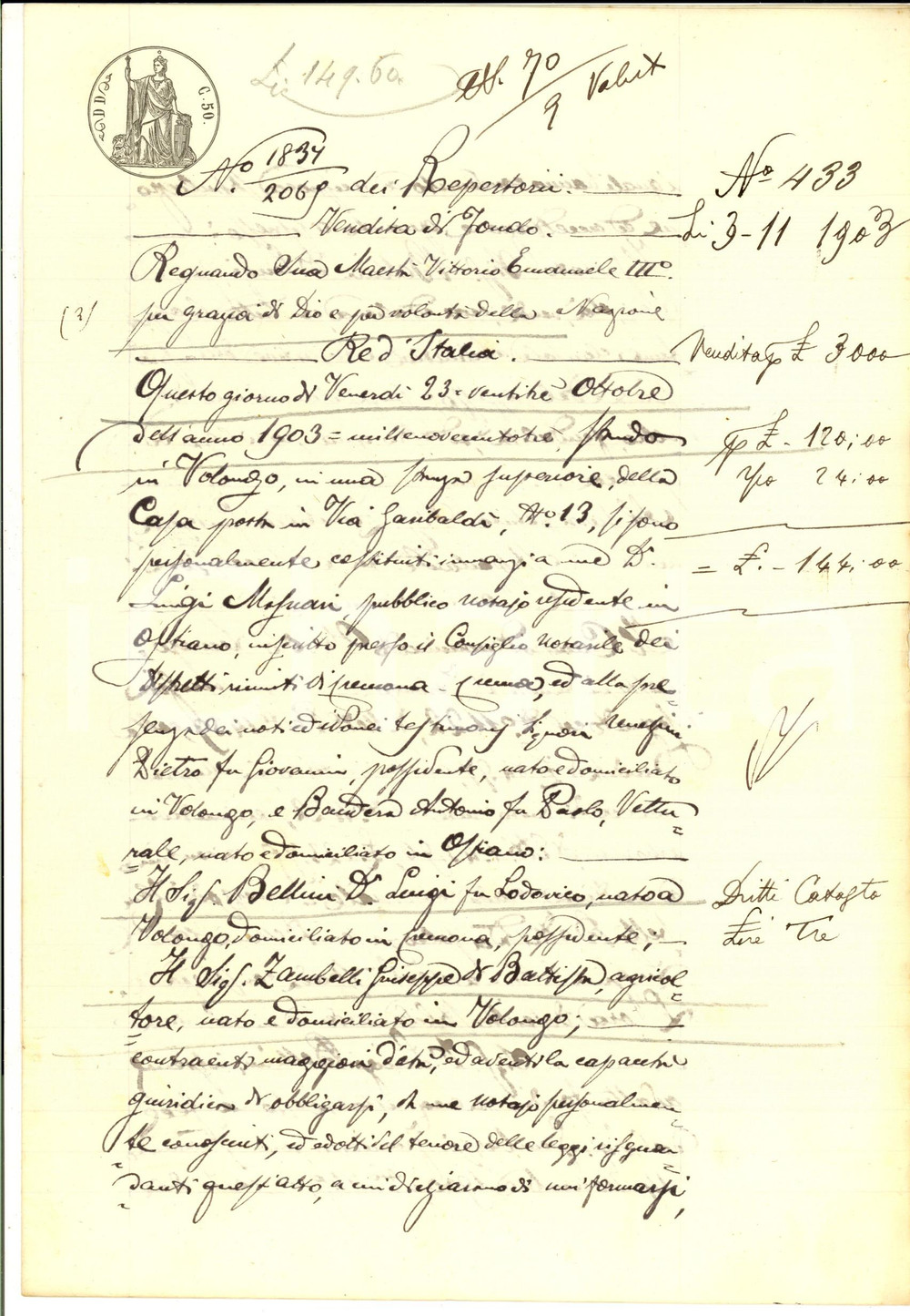Documento originale, autentico 1903 VOLONGO CR Don Luigi BELLINI vende campo OPPOLO LUNGO a Giuseppe ZAMBELLI 1