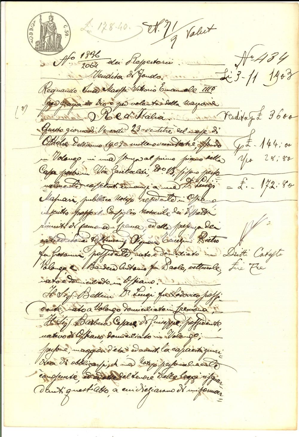 Documento originale, autentico 1903 VOLONGO CR Luigi BELLINI vende fondo CAMPAZZO a Cesare BARBERA 1