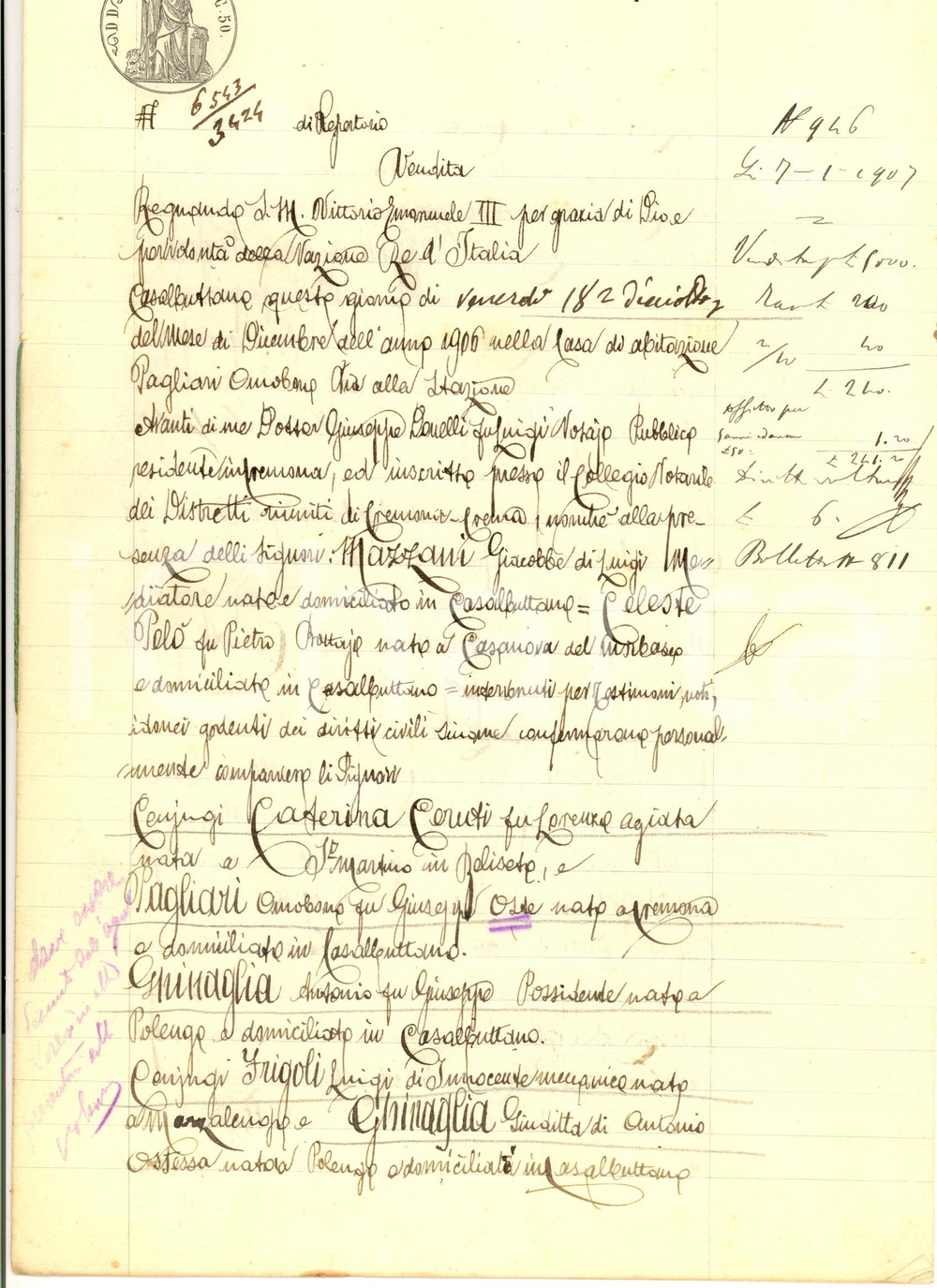 Documento originale, autentico 1906 CASALBUTTANO CR Antonio GHINAGLIA vende casa e cortile ai coniugi PAGLIARI 1