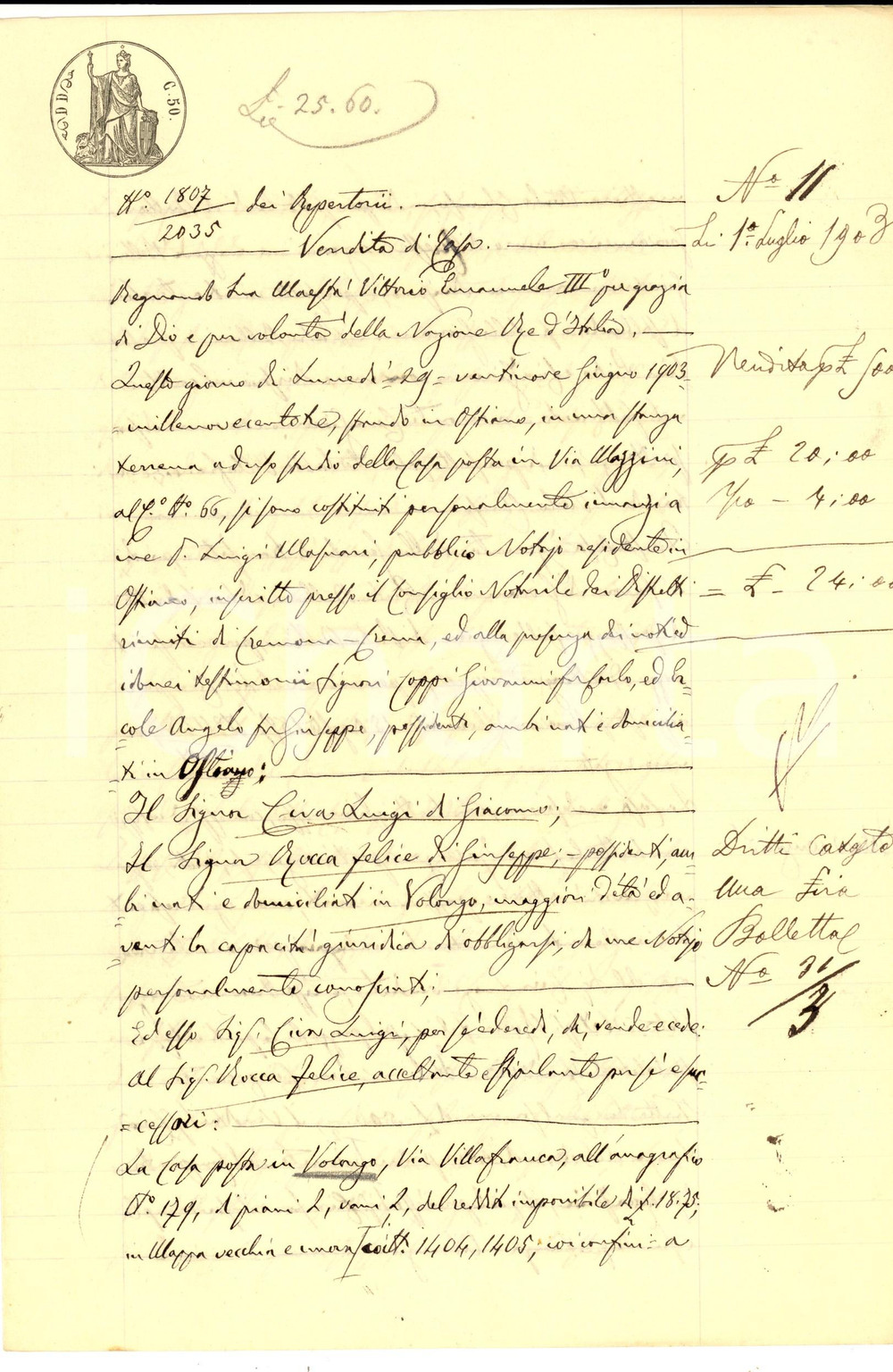 Documento originale, autentico 1903 VOLONGO CR Luigi CEVA vende casa a Felice ROCCA Manoscritto 1