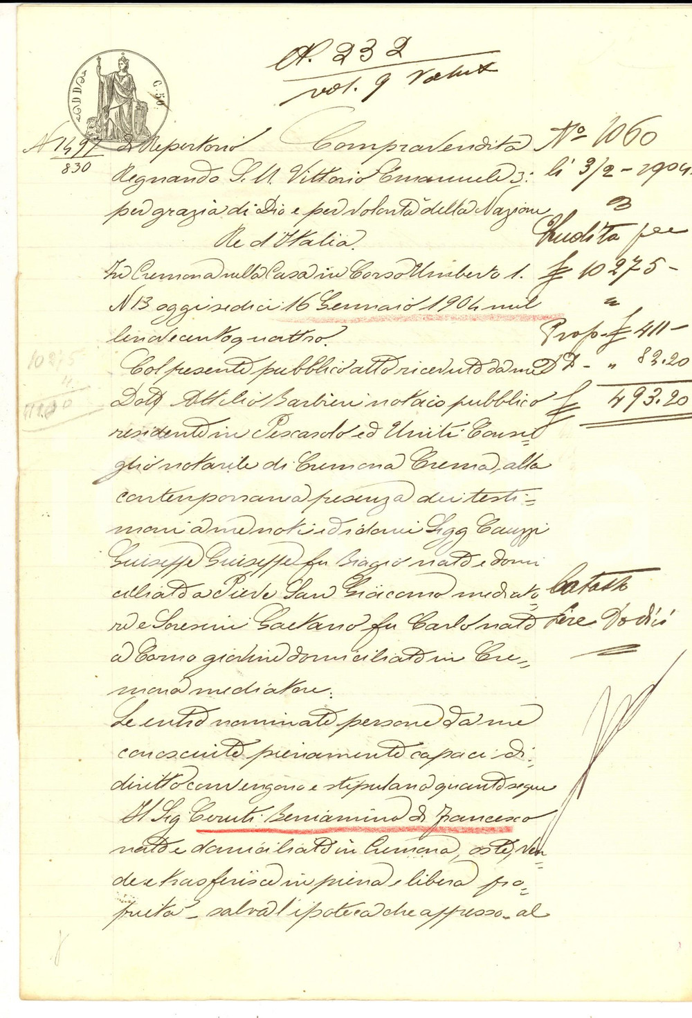 Documento originale, autentico 1904 CASTELVERDE CR Beniamino CERUTI vende casa a Luigi BINDA Manoscritto 1