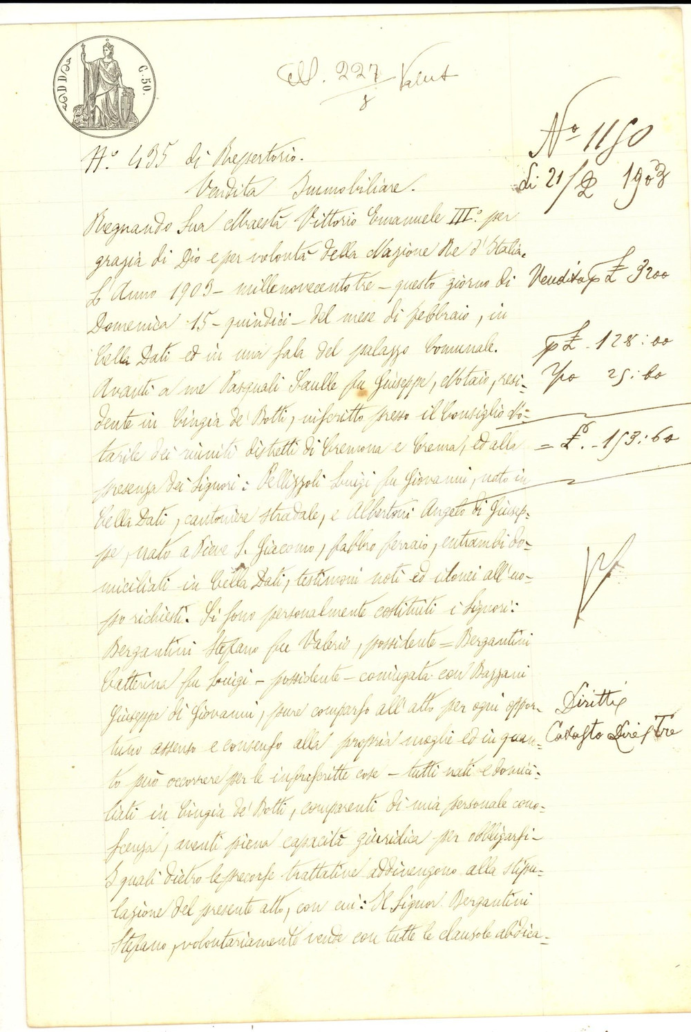 Documento originale, autentico 1903 CINGIA DE  BOTTI CR Stefano BERGANTINI vende campi CHIAPPELLA e CINZIA 1