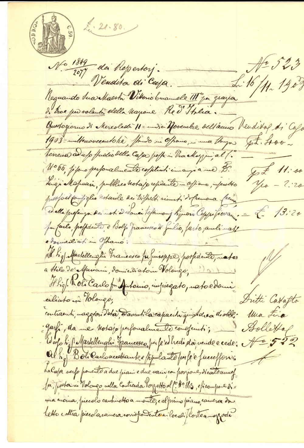 Documento originale, autentico 1903 VOLONGO Francesco MARTELLENGHI vende casa contrada POZZETTO a Carlo BOLI 1