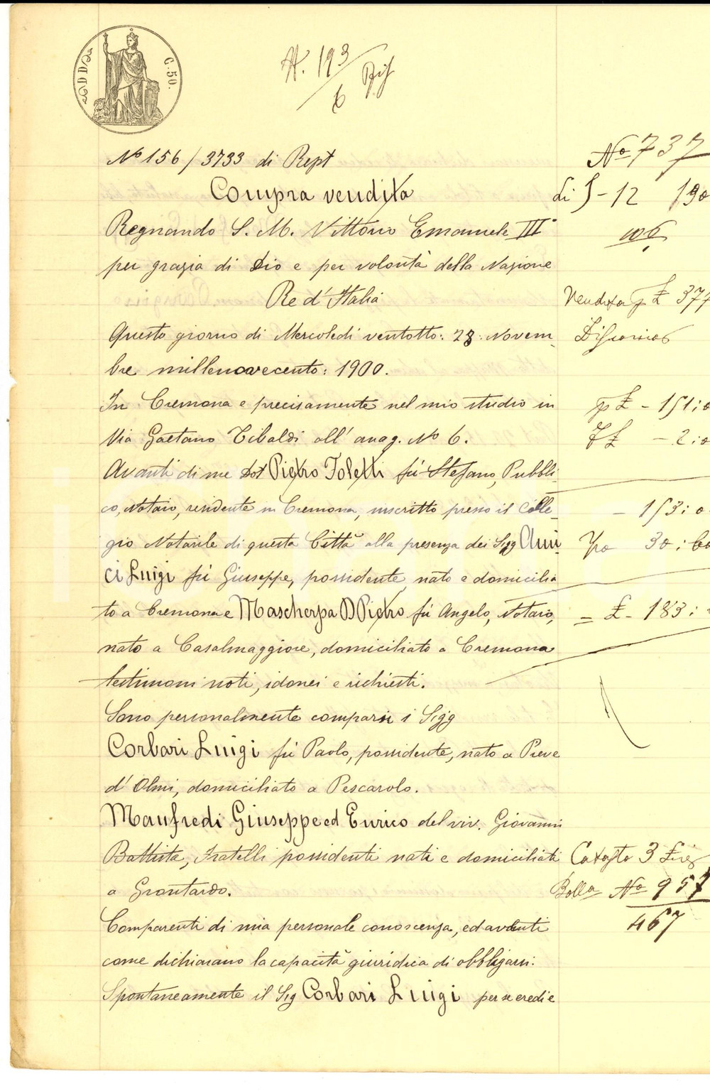 Documento originale, autentico 1900 GRONTARDO CR Luigi CORBARI vende terra PARIGINO ai fratelli MANFREDI 1