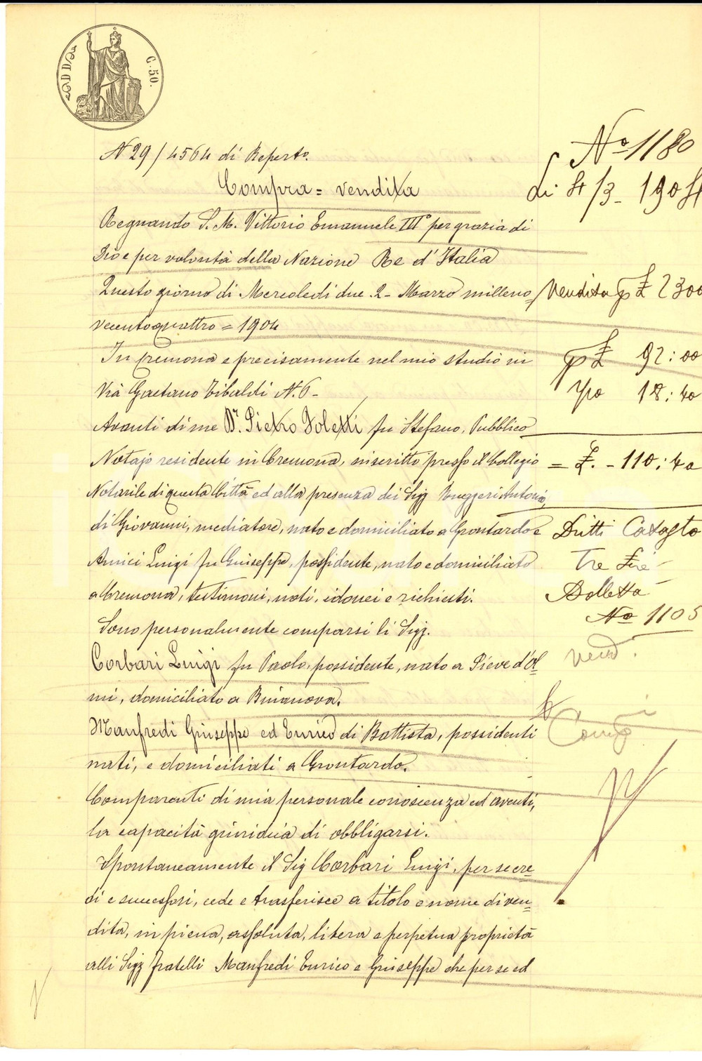 Documento originale, autentico 1904 GRONTARDO CR Luigi CORBARI vende cascinetta ai fratelli MANFREDI 1