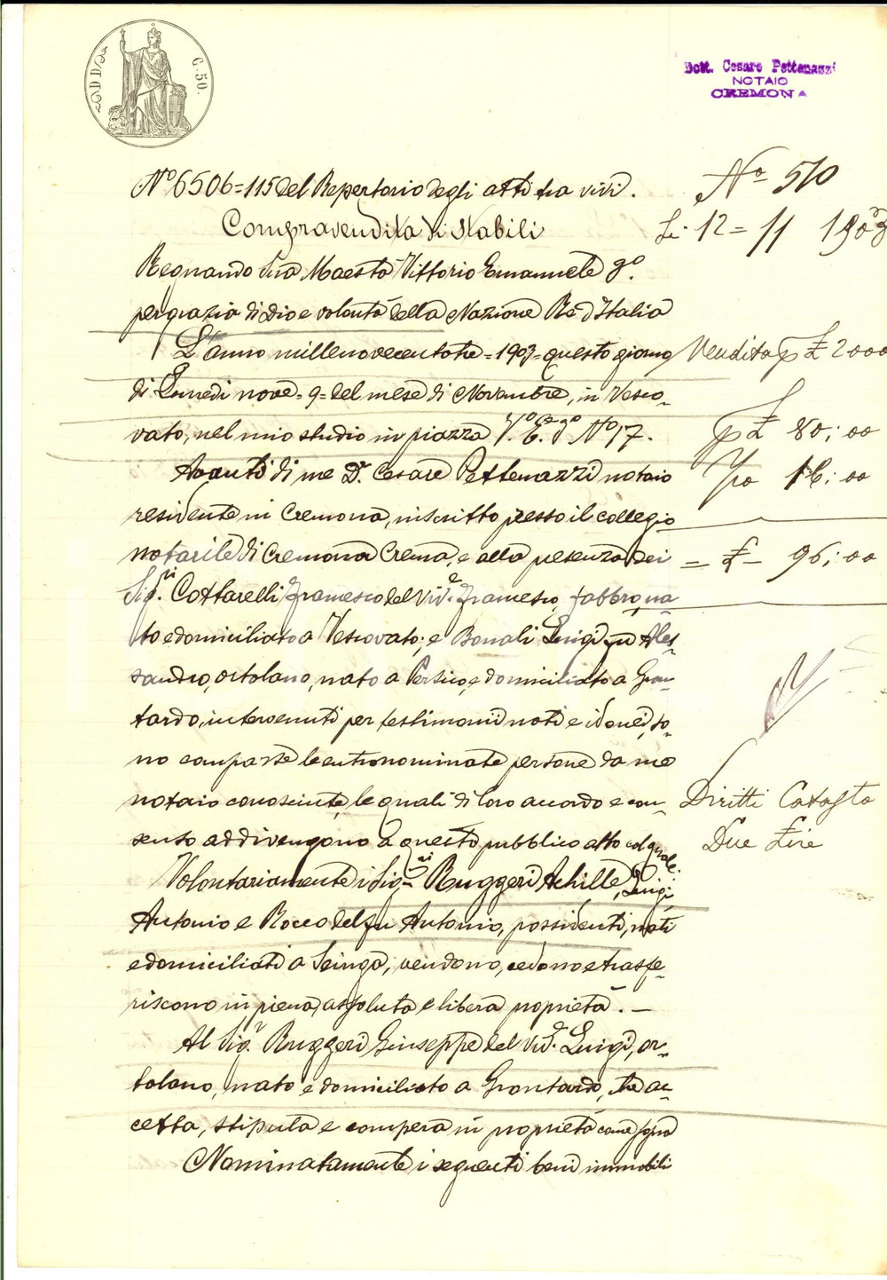 1903 GRONTARDO (CR) Fratelli RUGGERI vendono casa colonica e campo BREDINA Atto notarile d'epoca.CONDIZIONI: G    originale e autentica 1