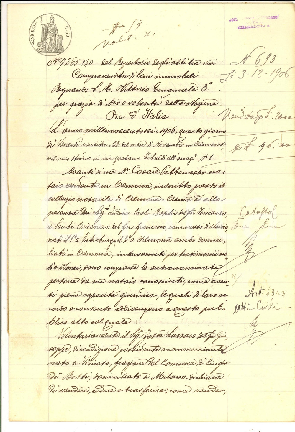 Documento originale, autentico 1906 GABBIONETA CR Lazzaro FOSSA vende campo GERRE a Edoardo GANTNER 1