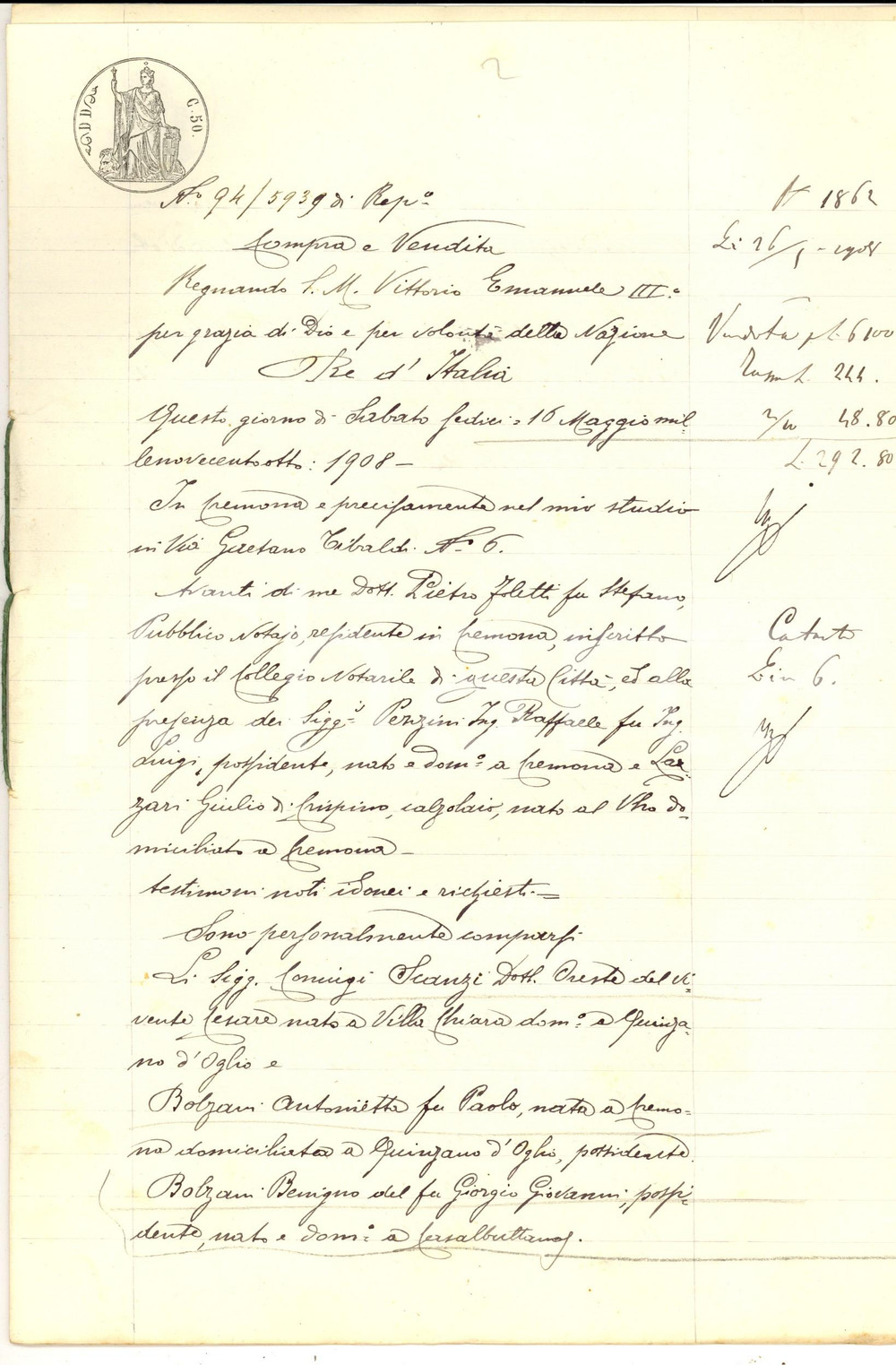 Documento originale, autentico 1908 POLENGO CR Antonietta BOLZANI cede quote fondo AJA GRANDE con cascina 1