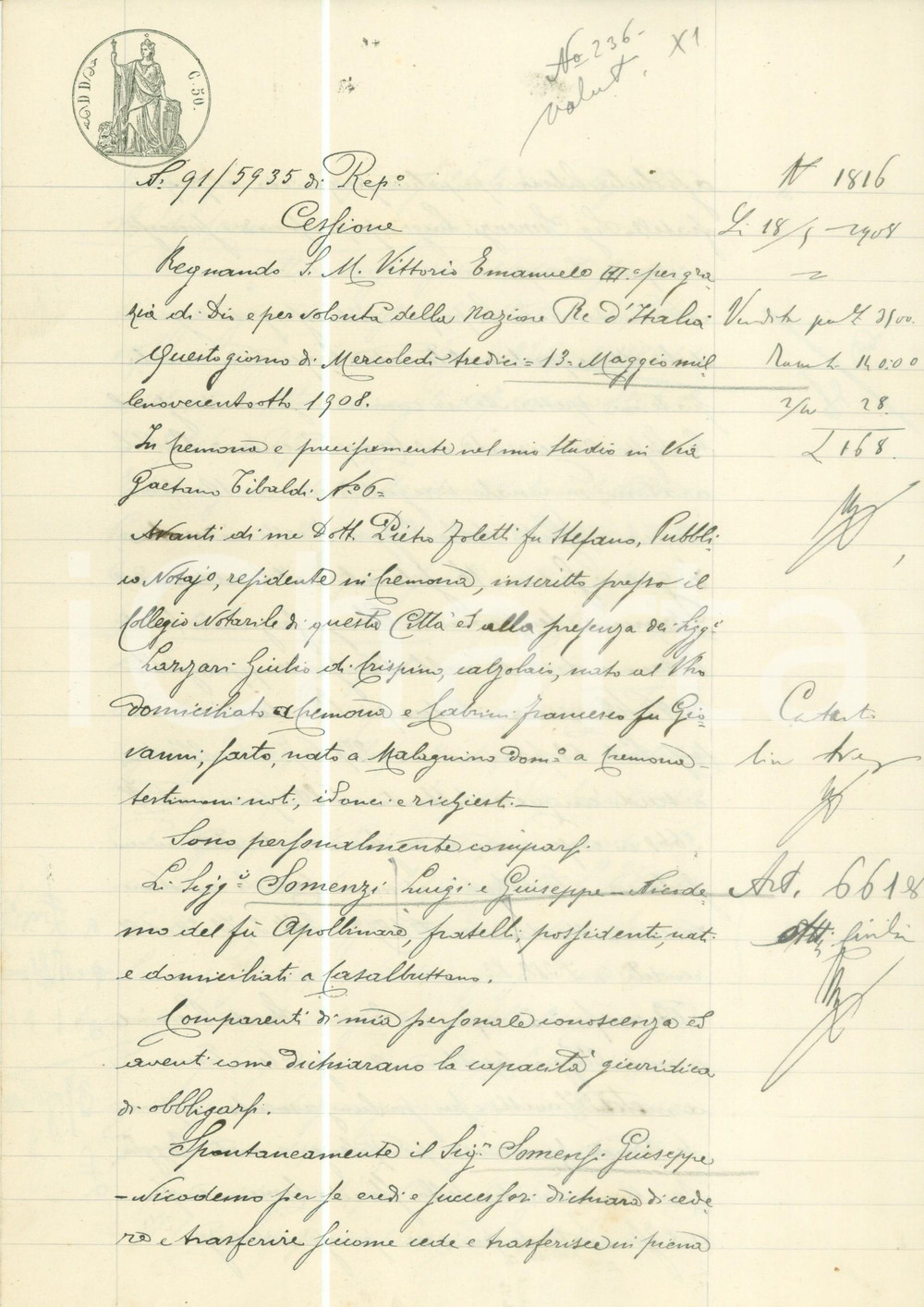 Documento originale, autentico 1901 POLENGO CR Giuseppe SOMENZI cede quote ereditarie al fratello Luigi 1
