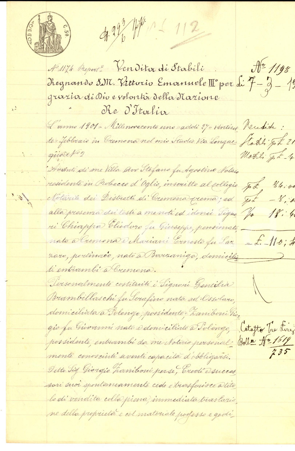 Documento originale, autentico 1901 POLENGO CR Giorgio ZANIBONI vende fondi rurali a Gentilia BRAMBILLESCHI 1