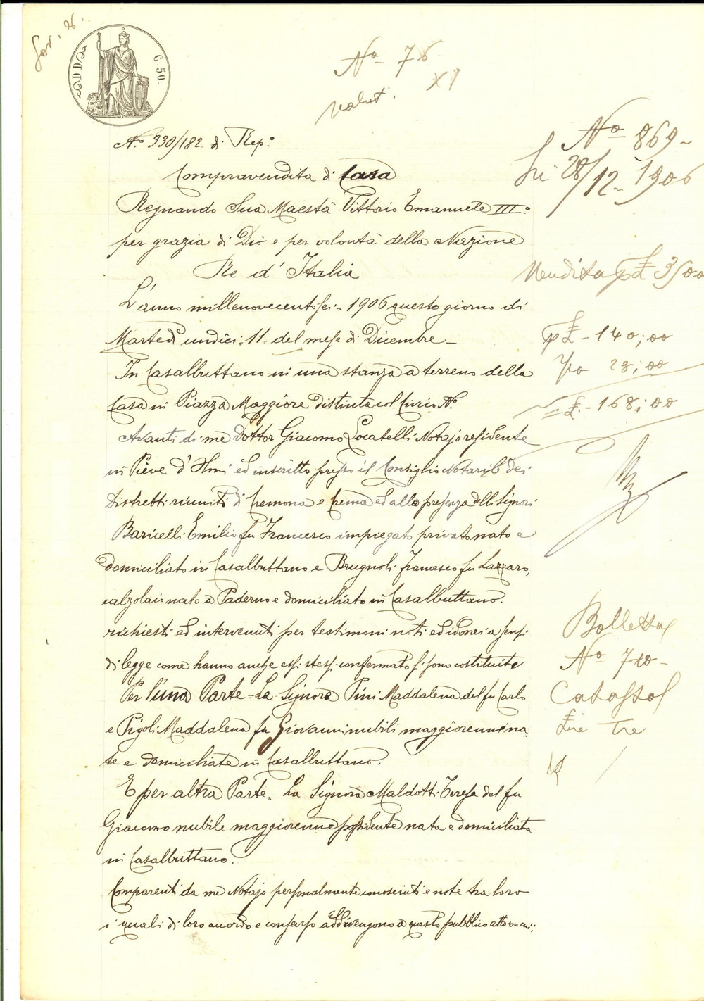 Documento originale, autentico 1906 CASALBUTTANO CR Maddalena PINI vende casa con orto a Teresa MALDOTTI 1