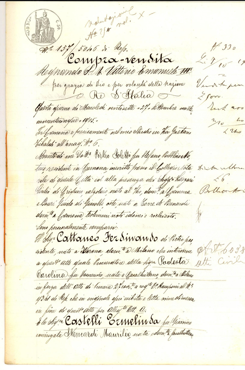 Documento originale, autentico 1905 CASALBUTTANO CR Ferdinando CATTANEO vende casa a Ermelinda CASTELLI 1