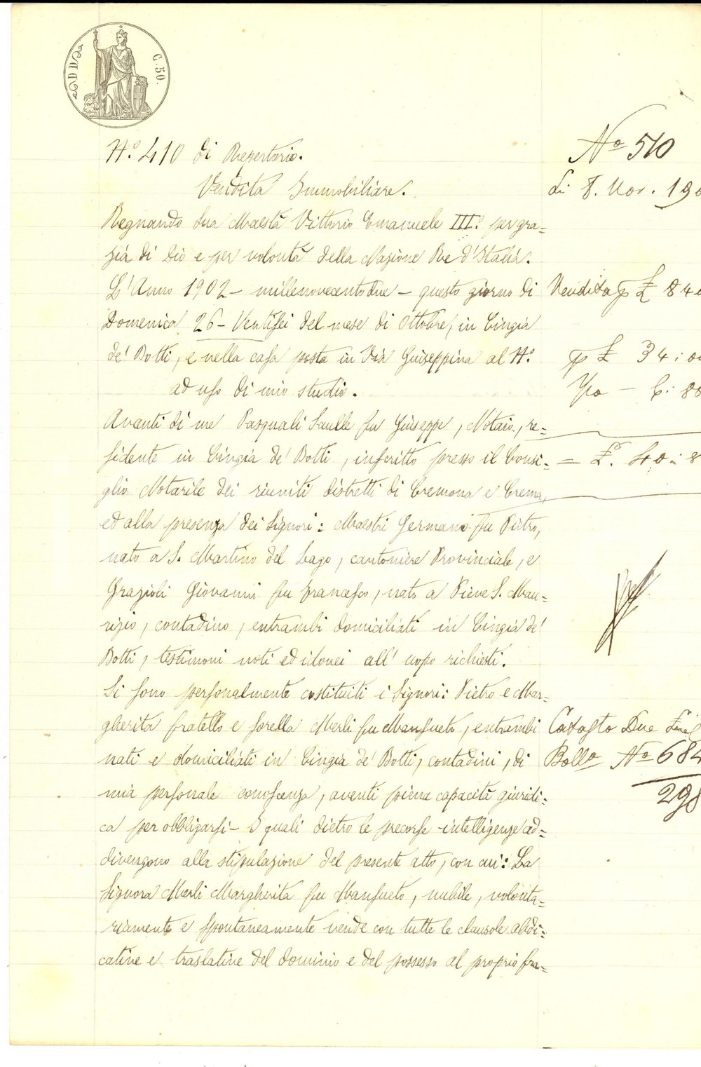 Documento originale, autentico 1902 CINGIA DE  BOTTI CR Margherita MERLI cede quota ereditÃ  al fratello Pietro 1