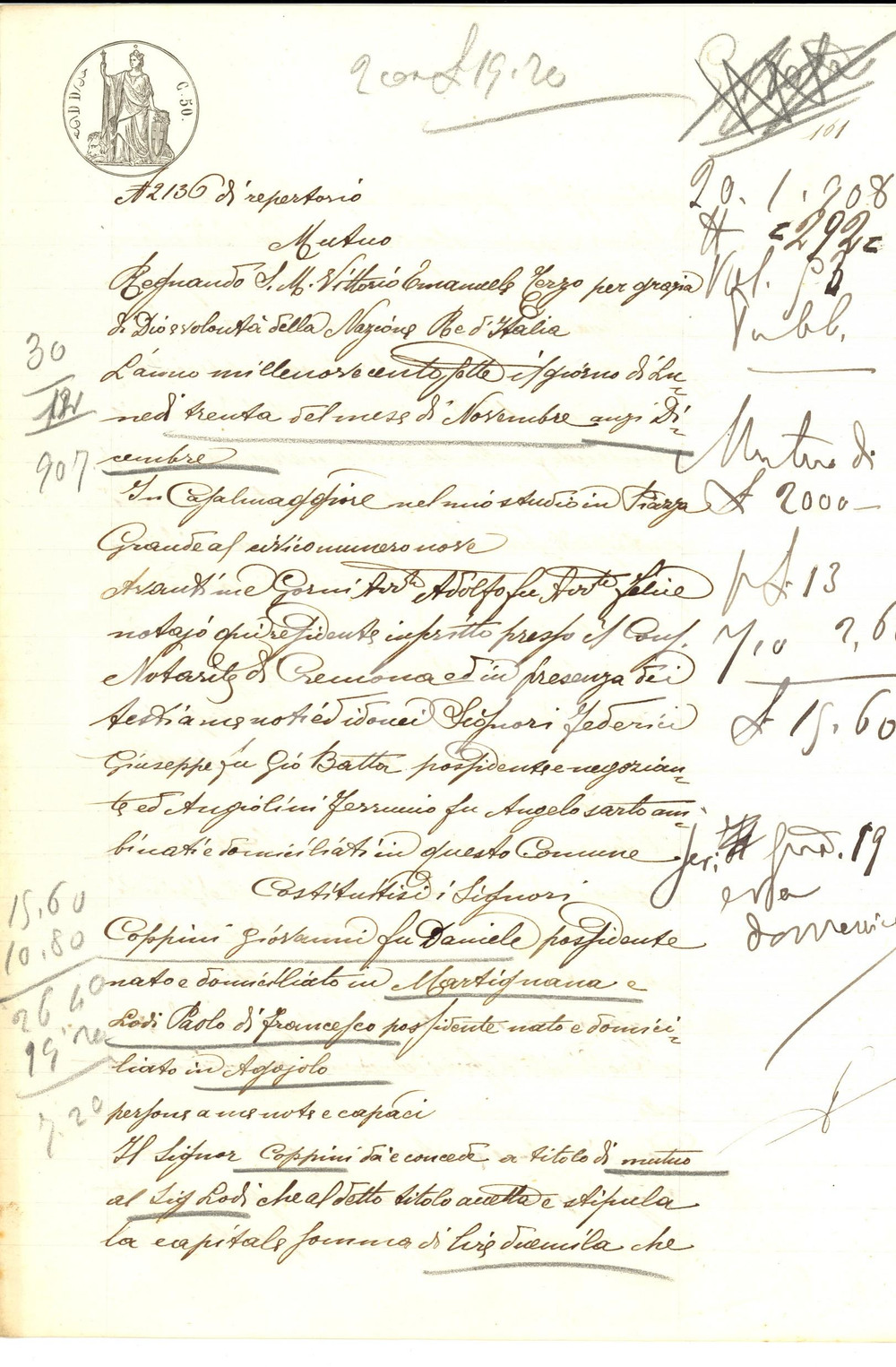 Documento originale, autentico 1907 MARTIGNANA DI PO CR Prestito Giovanni COPPINI a Paolo LODI Manoscritto 1