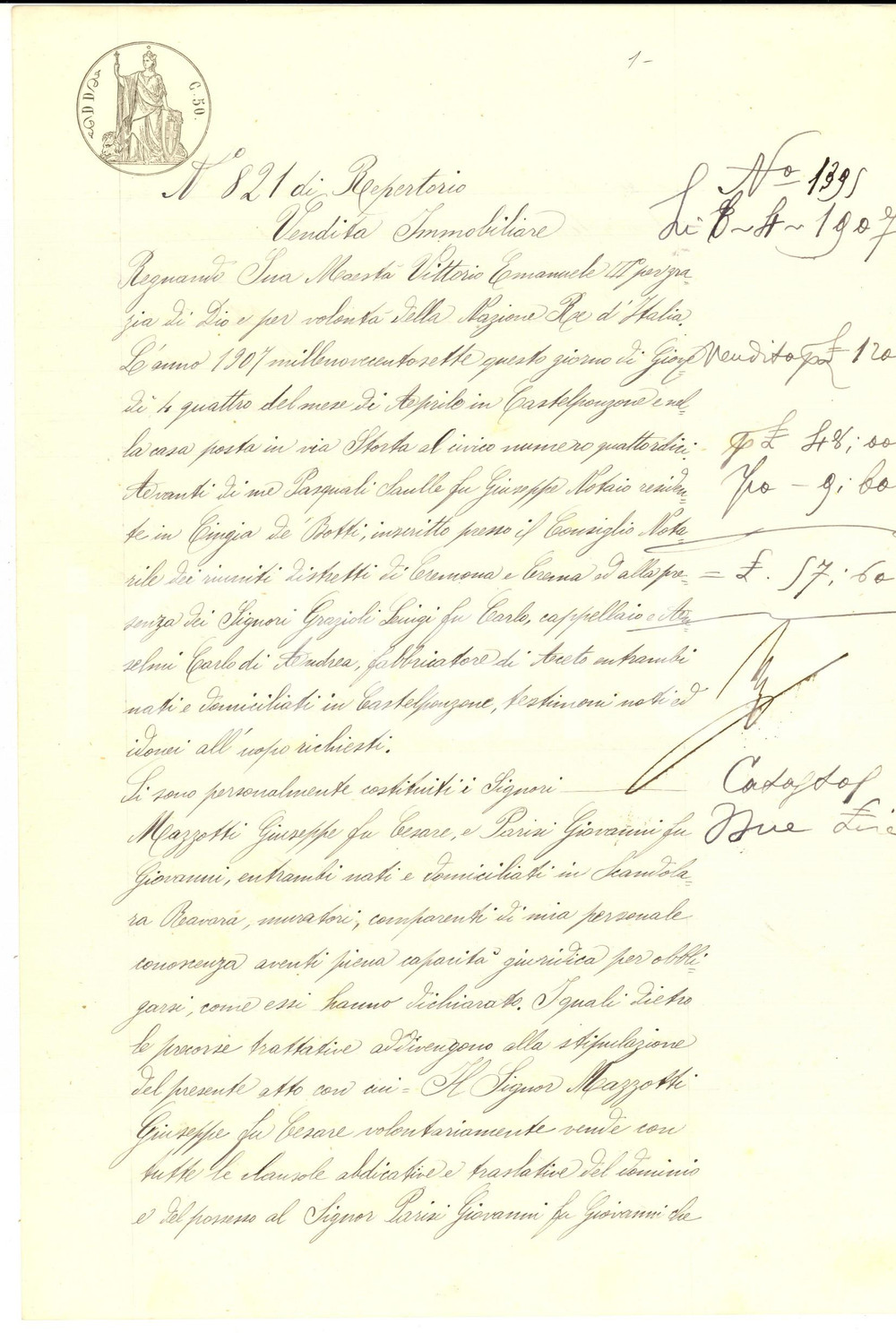 Documento originale, autentico 1907 SCANDOLARA RAVARA Giuseppe MAZZOTTI vende casa con orto a Giovanni PARISI 1