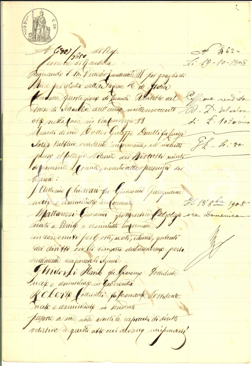 Documento originale, autentico 1908 CREMONA Cessione di rendita tra Ilario GHIDONI e Roberto COTTARELLI 1