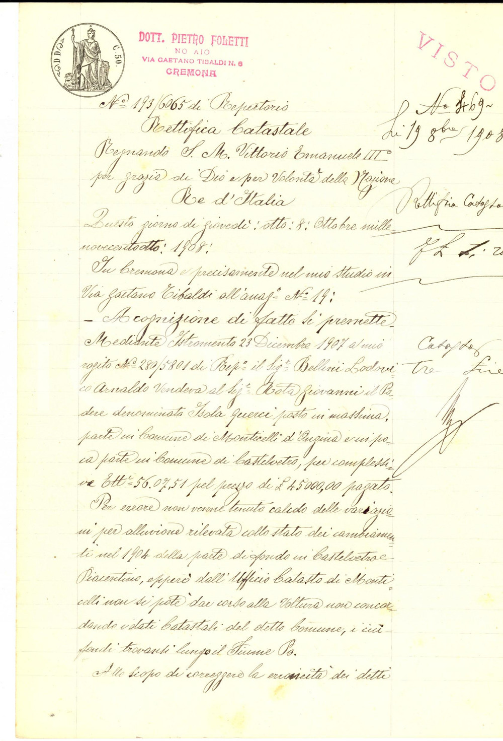 Documento originale, autentico 1908 CASTELVETRO PC Fondi di Lodovico BELLINI modificati per alluvione 1