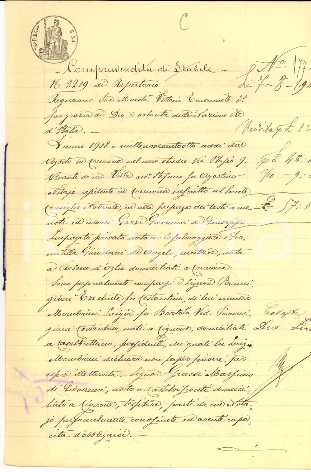 Documento originale, autentico 1908 CORTE DE  CORTESI CON CIGNONE CR Ezechiele PARMIGIANI vende casa con orto 1