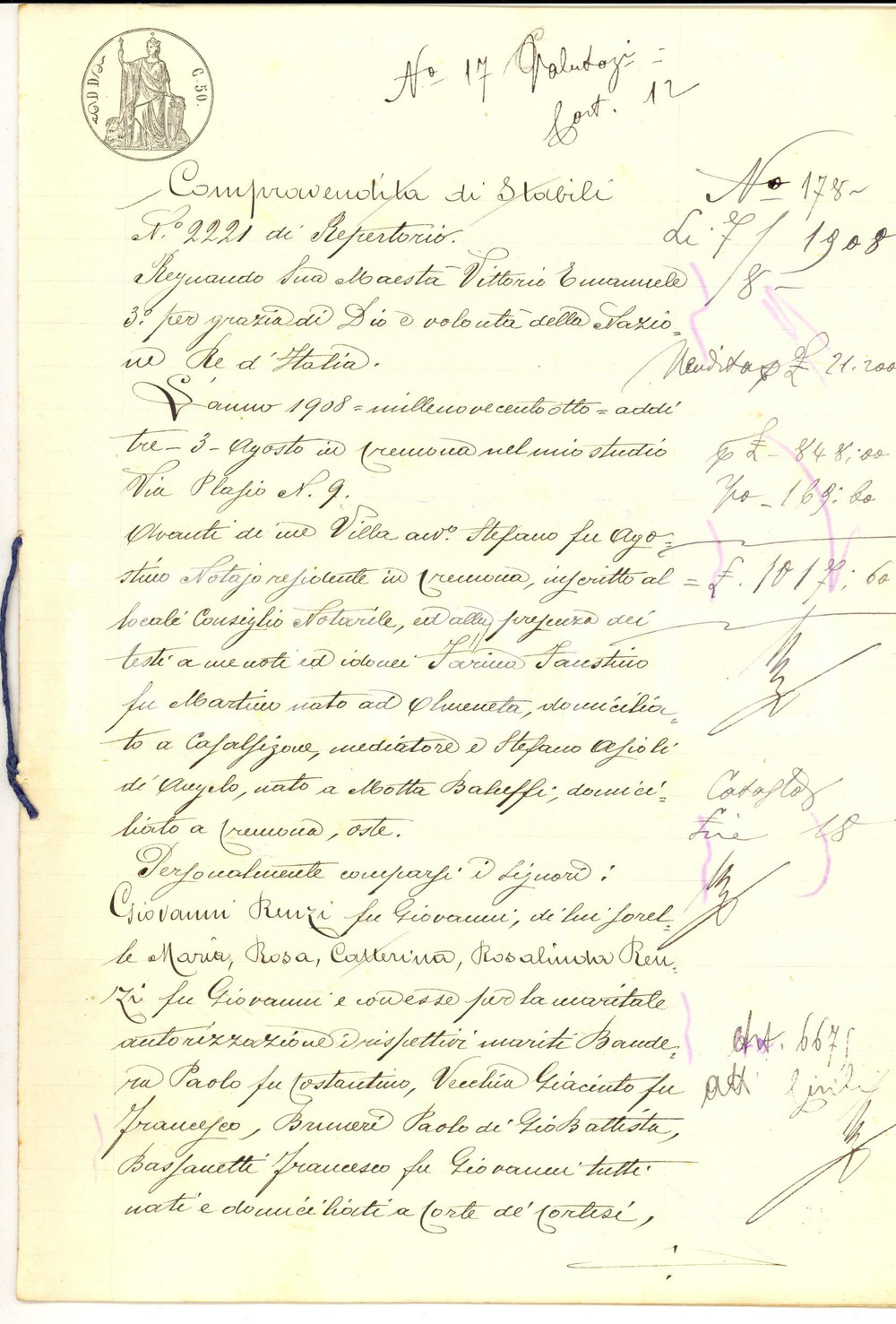 Documento originale, autentico 1908 CASALBUTTANO CR Fratelli RENZI vendono a Ginevro TONETTI campo PIROLO 1