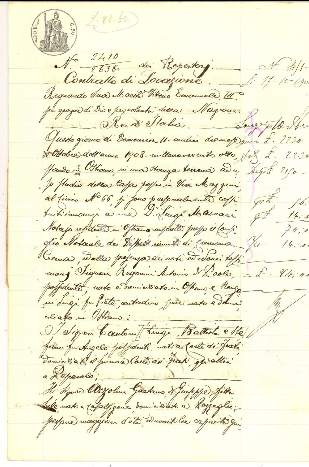 Documento originale, autentico 1908 ASPICE CR Fratelli CANTONI affittano fondo CORTE BASSA a Gaetano AZZOLINI 1