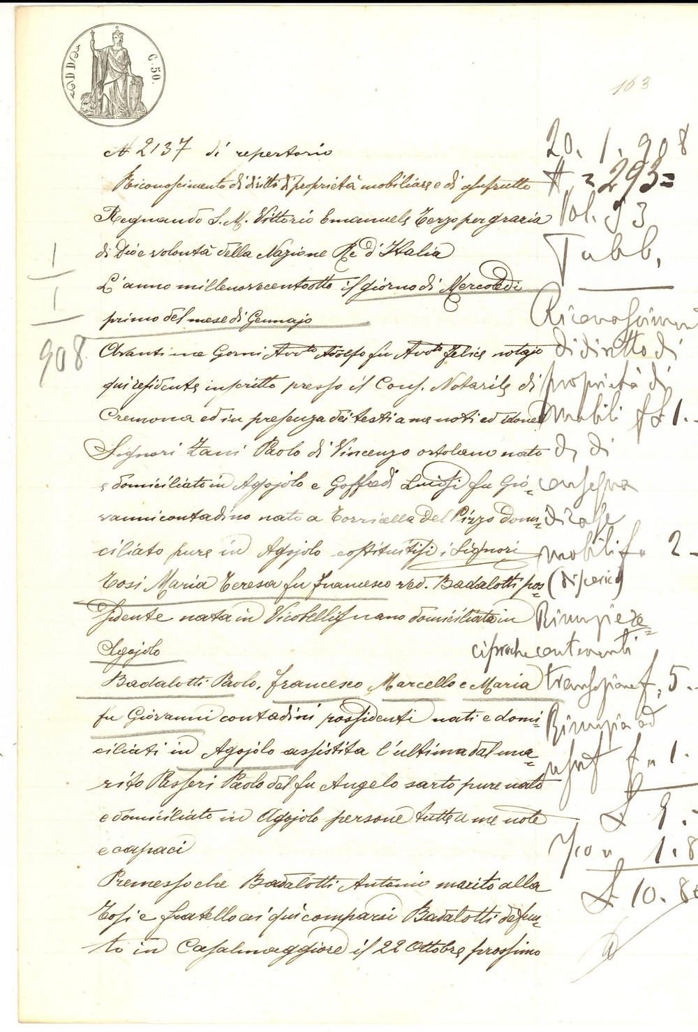 Documento originale, autentico 1908 AGOIOLO CR Riconoscimento a Maria Teresa TOSI dei diritti di usufrutto 1